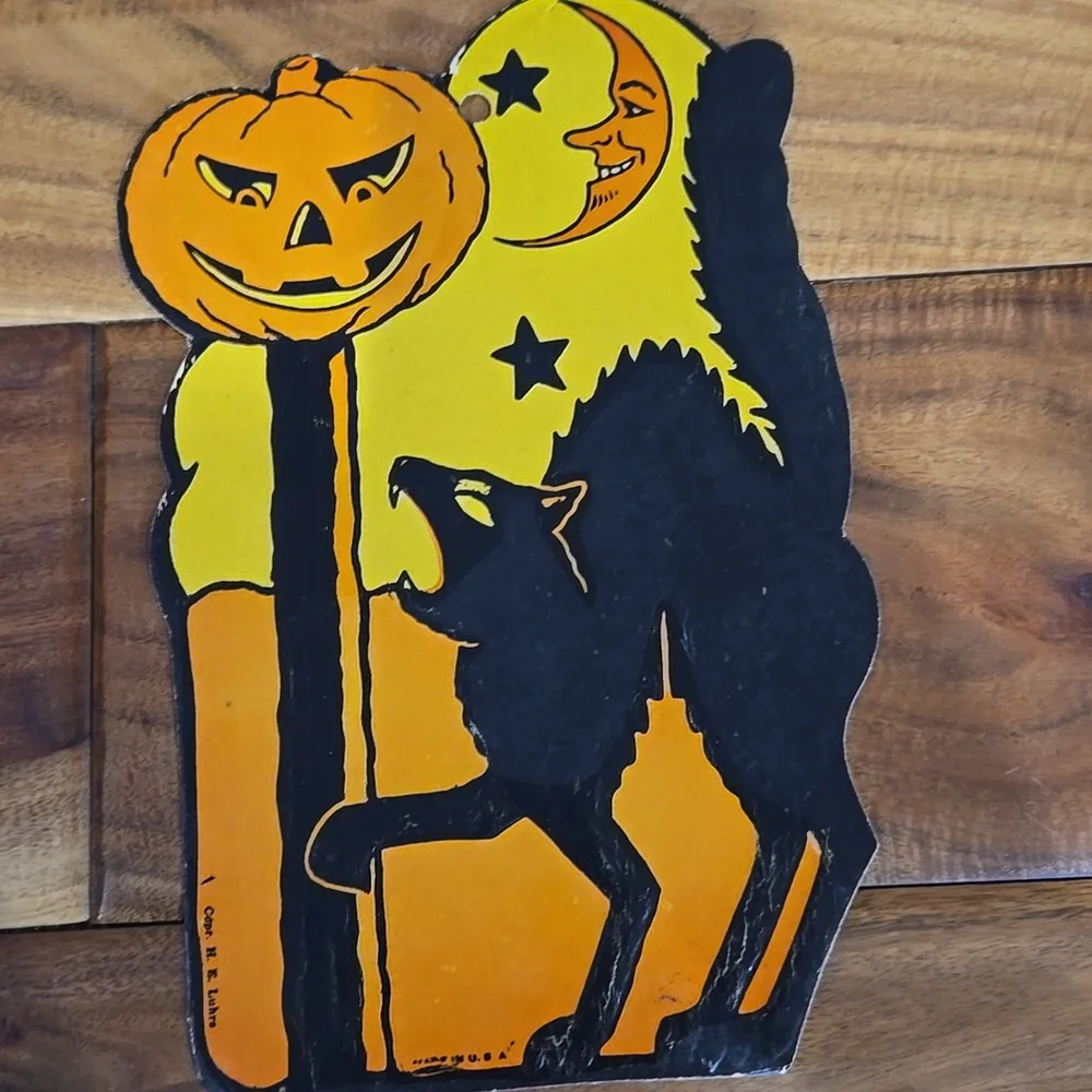 Vintage H.E. Luhrs Die-Cut USA Cardboard Halloween Decor Cat  Witch‎ Pumpkin